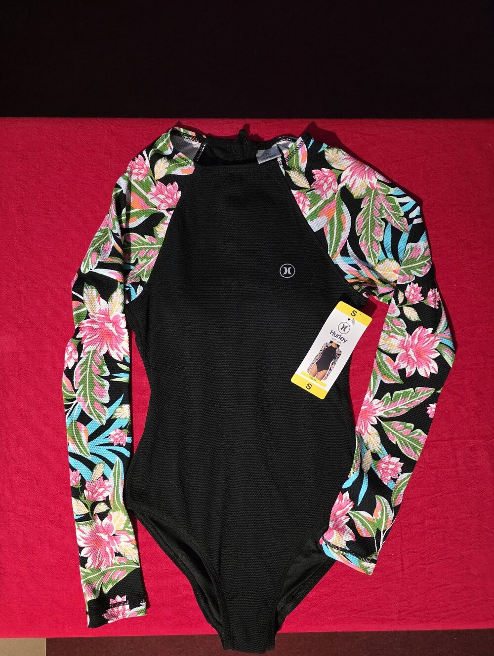 Hurley Black One-Piece Surfer Swimsuit with Pink & Teal Floral Long Sleeves